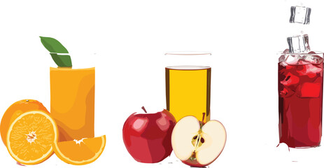 Fresh fruit juice set with orange apple and berry drinks, realistic glasses with sliced fruits and ice cubes isolated on light background vector illustration © MstNadiya