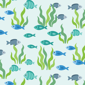 Seamless Ocean Fish Seaweed Pattern Marine Nursery Underwater Coastal Background
