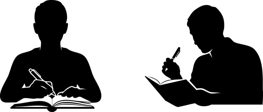 Black silhouette of man writing in notebook, male student studying with pen and paper, person journaling or taking notes, set of 2 vector icons