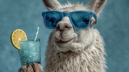 Fototapeta premium Llama wears cool blue sunglasses. Holds refreshing blue drink with lemon slice. Soft fur, calm expression, relaxed vibe. Perfect for fun, trendy, or travel-themed projects