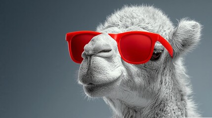 Fototapeta premium Red sunglasses frame a curious camel's face. Soft fur contrasts with bold, colorful lenses. The camel gazes forward with calm, friendly eyes. Ideal for humor or whimsical branding projects