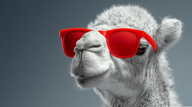 Red sunglasses frame a curious camel's face. Soft fur contrasts with bold, colorful lenses. The camel gazes forward with calm, friendly eyes. Ideal for humor or whimsical branding projects