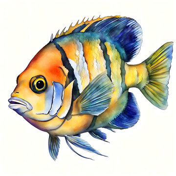 Damselfish Watercolor Illustration Isolated on White