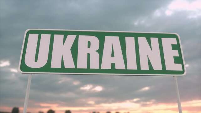 Ukraine Road Sign Against Dramatic Cloudy Sky at Sunset
