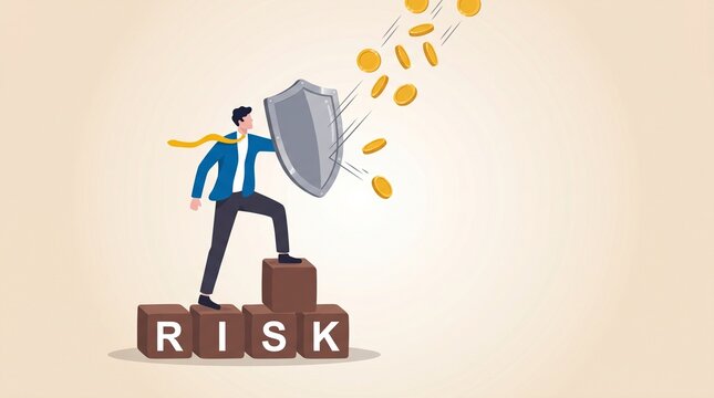 Businessman shielding financial assets from market volatility. Concept of proactive risk management, investment protection, and strategic planning for economic stability