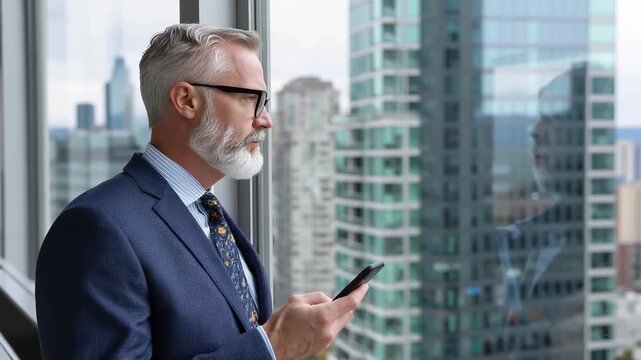 Businessman engaged with smartphone in modern highrise office overlooking urban cityscape