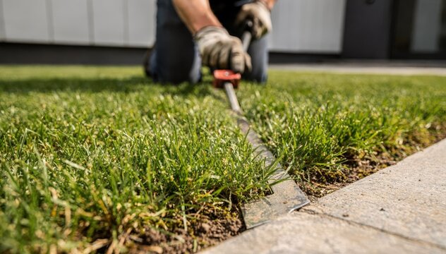 Closeup of a worker edging a manicured lawn in an urban courtyard the vibrant green grass sharply contrasted against a softly blurred building wall behind.