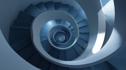Fototapeta premium Abstract view of spiraling blue staircase receding into distant light.