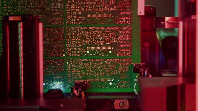 Automatic mechanical check of electronic board. Welding and installation of components, microchips and transistors. Technician testing microchip components for quality control. Modern manufacturing