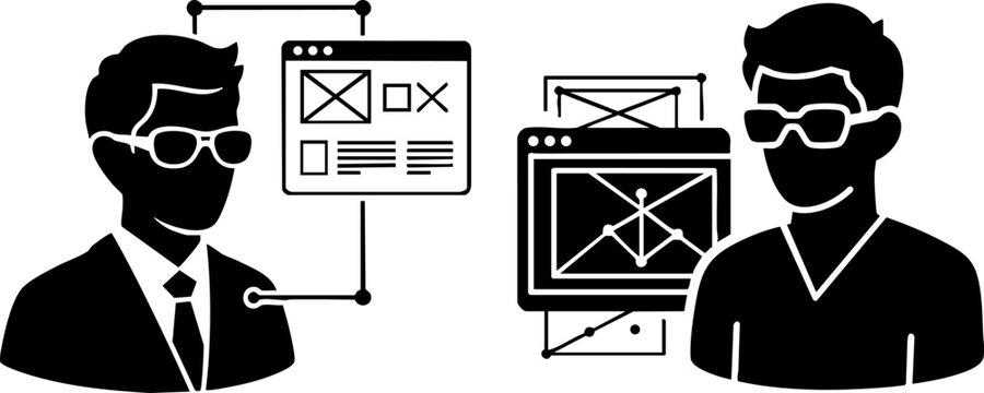 Augmented reality smart glasses vector illustration, men wearing AR eyewear for interface design, virtual reality software development icons