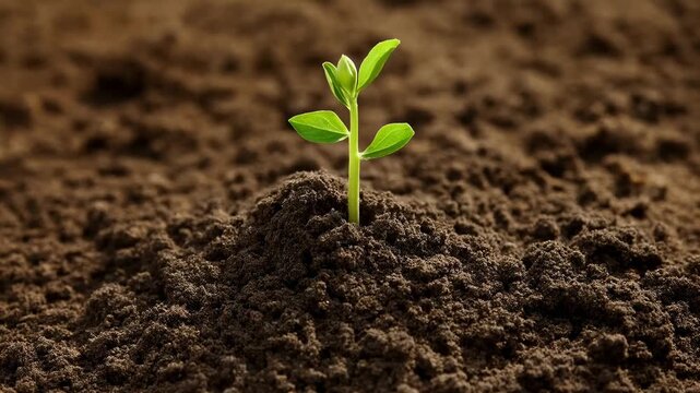 Green seedling emerging from rich soil. Symbolizes growth, renewal, and the beginning of new life in nature