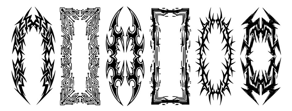 Neo Tribal Symmetrical Frame Set Sharp Y2K Cyber Sigilism Streetwear Grunge Angular Tribal Arch Cyber Sigil Border Blade Edge Glitch Spike Oval Vector Illustration