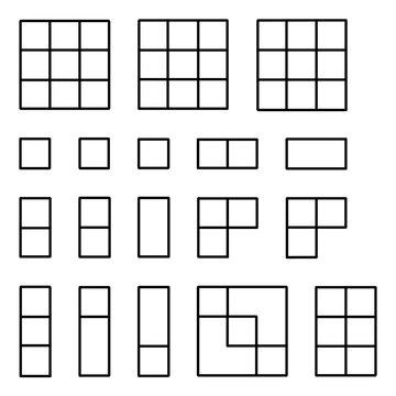 Black and white vector illustration of logic puzzles and spatial reasoning exercises typical for elementary school or IQ tests.