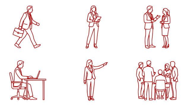 CAD Drawings Business People Outlines Set Walking Standing Talking Sitting Pointing Group Meeting Isolated White Background Vector Illustration