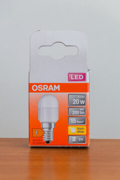 Pruszcz Gdanski, Poland - April 13, 2026: OSRAM E14 T26 Led bulb for fridges.