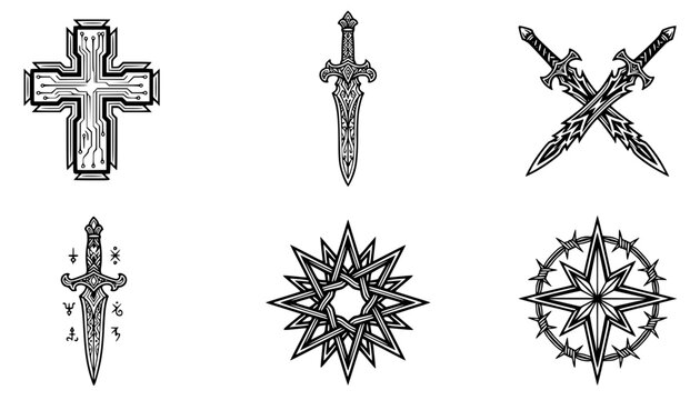 Cyber Sigilism Cross Sword Neo Tribal Symmetrical Sharp Symbol Set Mystical Sigil Dagger Tribal Star Streetwear Tattoo Flash T-Shirt Print Apparel Vector Illustration