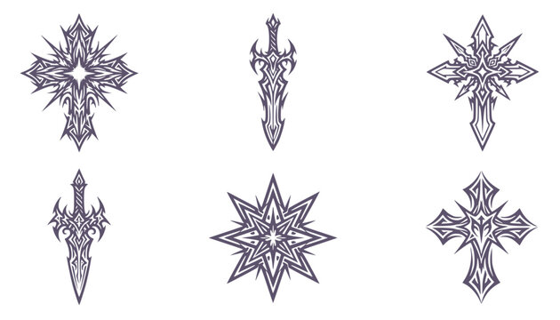 Cyber Sigilism Cross Sword Neo Tribal Symmetrical Sharp Symbol Set Mystical Sigil Dagger Tribal Star Streetwear Tattoo Flash T-Shirt Print Apparel Vector Illustration