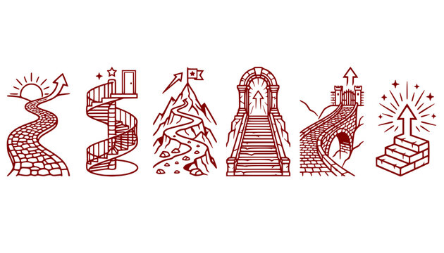 Stone Pathways Staircases Ascending Success Progress Set Cobblestone Path Spiral Staircase Mountain Path Ancient Steps Arched Bridge Single Step Rising Vector Illustration
