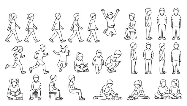 CAD Drawings Kids Children Outlines Set Sitting Walking Running Standing Crouching Playing Isolated White Background Vector Illustration