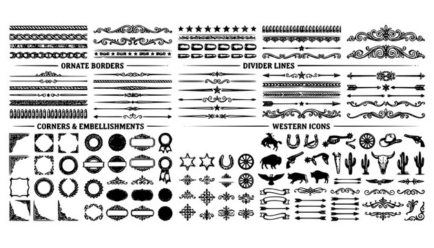 Old Western Design Elements Icon Set Embellishment Borders Divider Lines Scroll Ornate Flourish Wanted Poster Frame Banner Ribbon Rope Border Sheriff Star Barbed Wire Vector