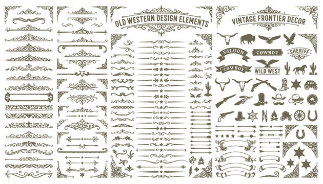 Old Western Design Elements Icon Set Embellishment Borders Divider Lines Scroll Ornate Flourish Wanted Poster Frame Banner Ribbon Rope Border Sheriff Star Barbed Wire Vector