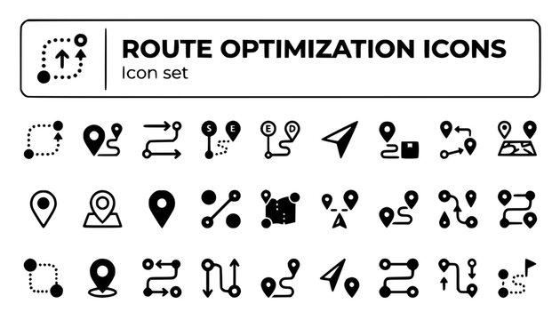 Route Optimization Line Icon Set Dotted Path Location Pin Two Points Route Arrow GPS Delivery Multi-Stop Navigation Waypoint Start End Point Marker Vector Illustration