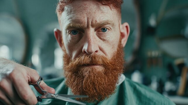 Close-up of a barber trimming a man's red beard with scissors in a salon