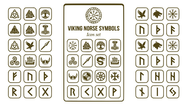 Viking Runes Norse Symbols Mega Icon Set Vegvisir Valknut Yggdrasil Thor's Hammer Mjolnir Triquetra Triskele Fenrir Ravens Scandinavian Pagan Tattoo Vector Illustration