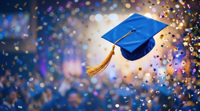 Graduation ceremony with cap toss and confetti celebration.