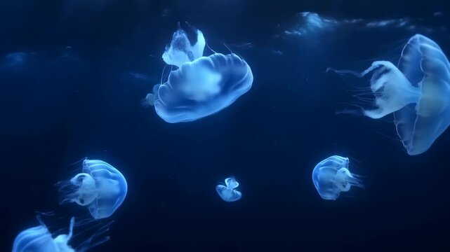 Ethereal jellyfish gracefully swimming in deep blue ocean waters. Captivating marine life showcasing the beauty of underwater ecosystems