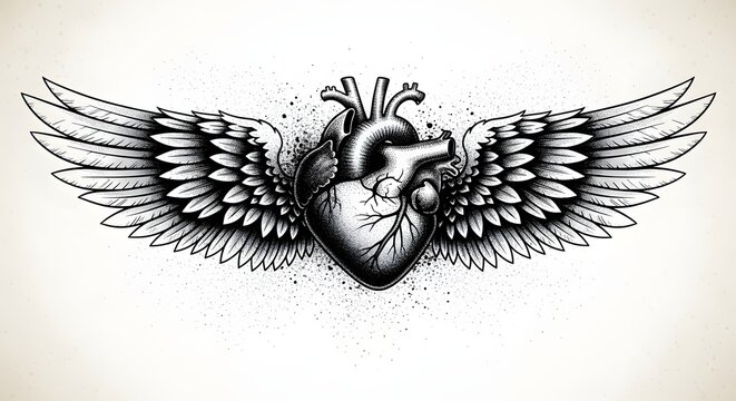 Anatomical human heart with spread eagle wings in detailed stippling. Freedom of emotion and spiritual soul. Winged organ flying through space representing love and inner strength.