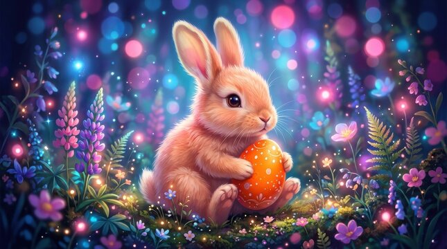 Cute easter bunny holding decorated egg in a magical springtime forest with bokeh lights.