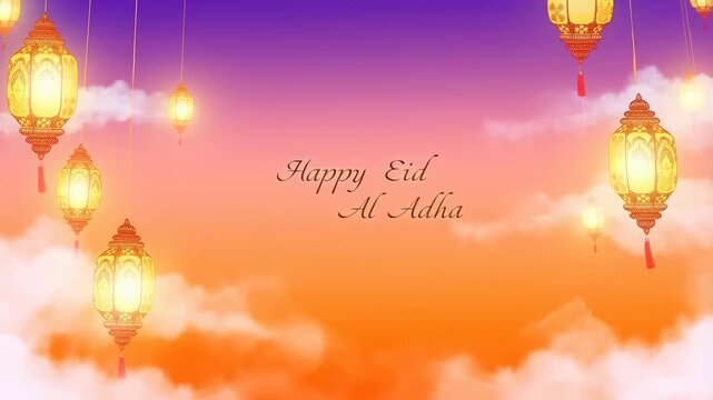 Colorful lanterns hanging in the sky with a festive background. Celebrating cultural traditions and festive occasions like Eid Al Adha