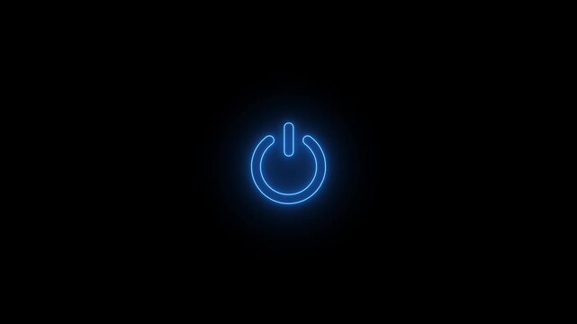 Luminous electric blue saber power reset icon on pitch black background. 4k glowing motion video