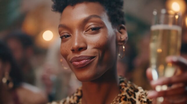 Woman with freckles and leopard print top holding champagne at a party