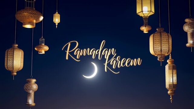 Elegant lanterns and crescent moon with "Ramadan Kareem" greeting. Celebrating the spirit of Ramadan with festive decorations and cultural significance