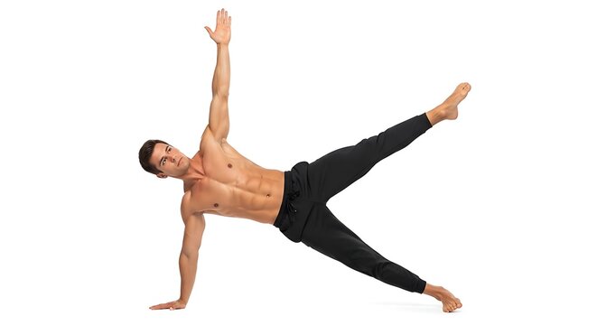 A fit man performing a side plank exercise in a studio setting