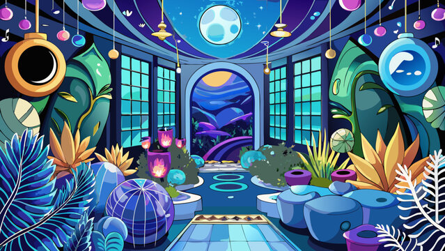 Fantasy interior, futuristic greenhouse, colorful illustration, surreal scenery, blue hues