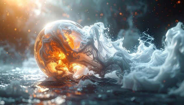 A glowing golden sphere representing quantum superposition exists in a state of flux, blending with ethereal white smoke to illustrate complex scientific theories and cosmic transitions.