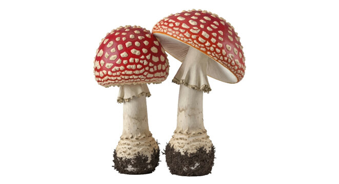 Vector illustration&nbsp;of two fly agaric mushrooms with red caps and white spots, on a transparent background