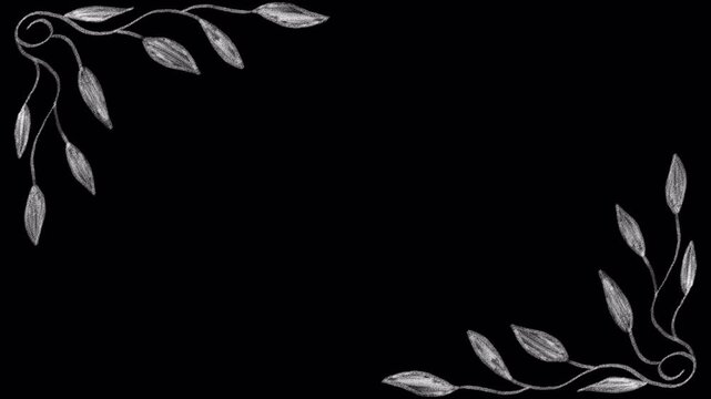 Frame of leaves drawn with white chalk, animation, transparent background
