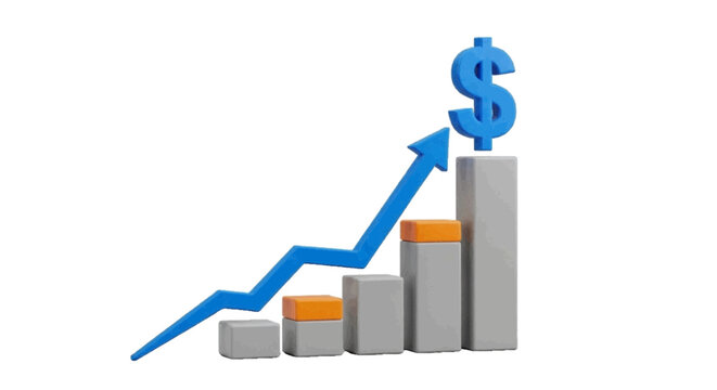 Vector illustration&nbsp;of 3d render of a growing bar chart with a blue dollar sign on a transparent background