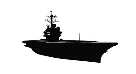 Detailed depiction of a large aircraft carrier at sea black silhouette © Digonto