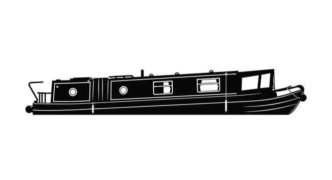 Detailed black silhouette of a narrowboat on water side view silhouette
