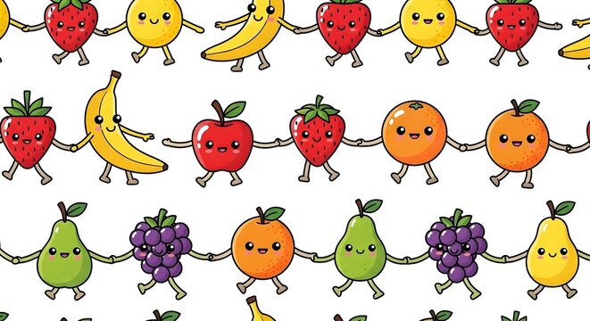 Kawaii fruits holding hands in horizontal rows. Healthy eating and friendship concept. Cheerful cartoon fruit characters walking together in a repeating line formation