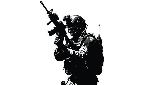 Armed soldier in tactical gear aiming rifle dramatic black silhouette