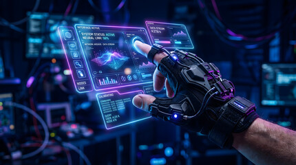 Fototapeta premium Advanced Robotic Hand Glove Controlling Futuristic Holographic Dashboard with AI Data Interface in High Tech Laboratory