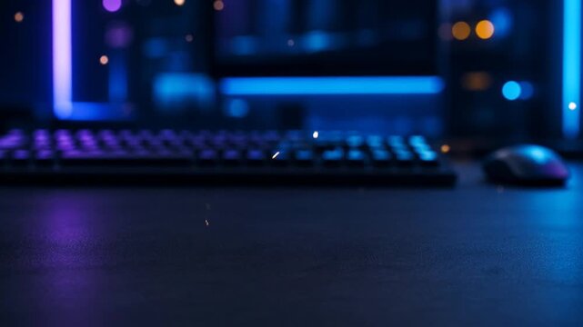 Futuristic Tech Workspace Background with Neon Lights and Minimal Dark Desk Loop Animation 4K