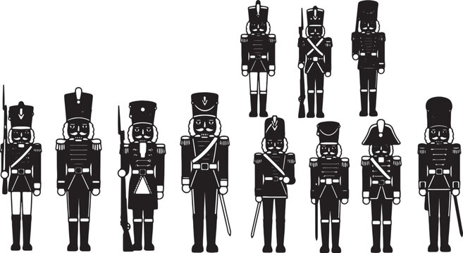 Black and white nutcracker soldiers, toy army men, vector illustrations, Christmas decorations, clip art