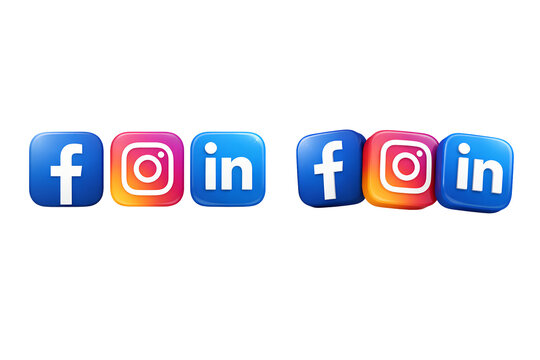 3D Social Media App Icons Set Facebook Instagram LinkedIn Glossy UI Design, isolated transparent background.